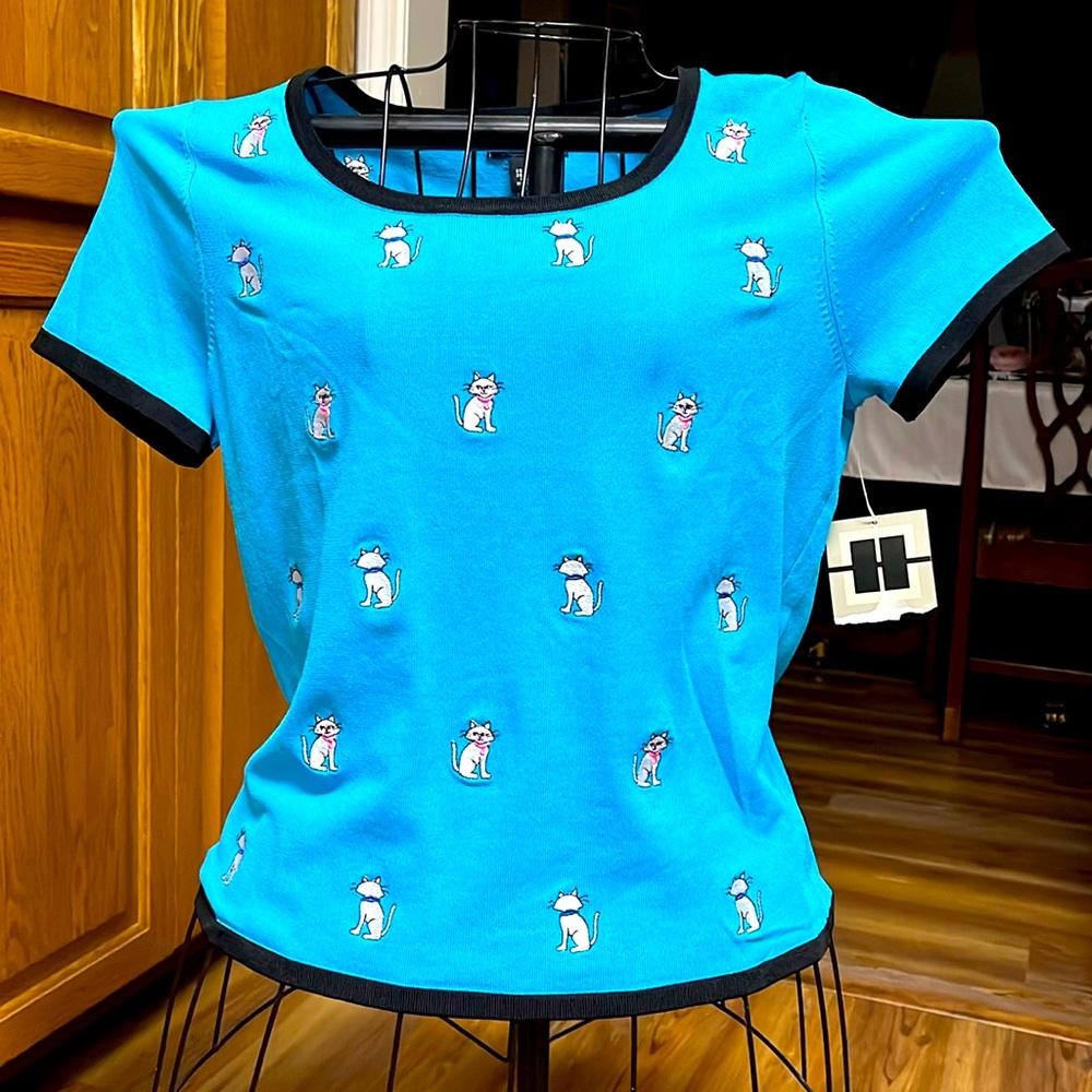 Vintage Hampton Studio Royal Blue Turquoise Blue Size Medium Cat Sweater NWT